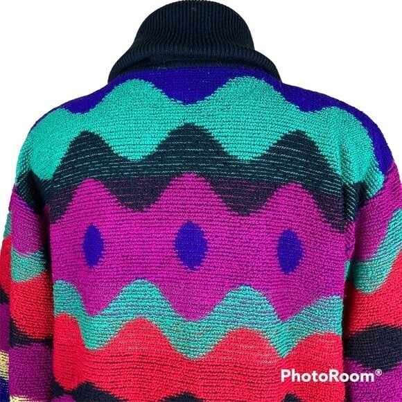 Vintage 1980’s Mondi Multicolor Chunky Color Black Cowl-neck Sweater Pullover - Picture 6 of 10